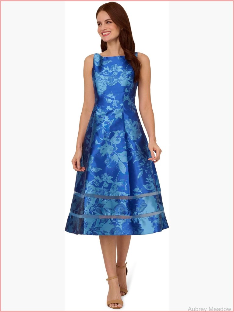 Metallic Jacquard Fit & Flare Midi Dress Cocktail Evening Sleeveless V-Neck